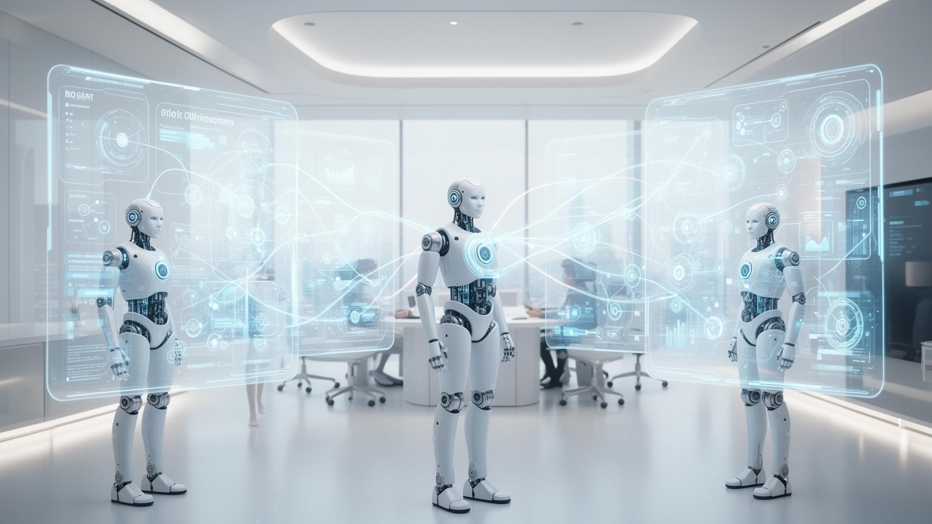 Agentes de inteligencia artificial orquestando workflows empresariales dentro de una corporación futurista