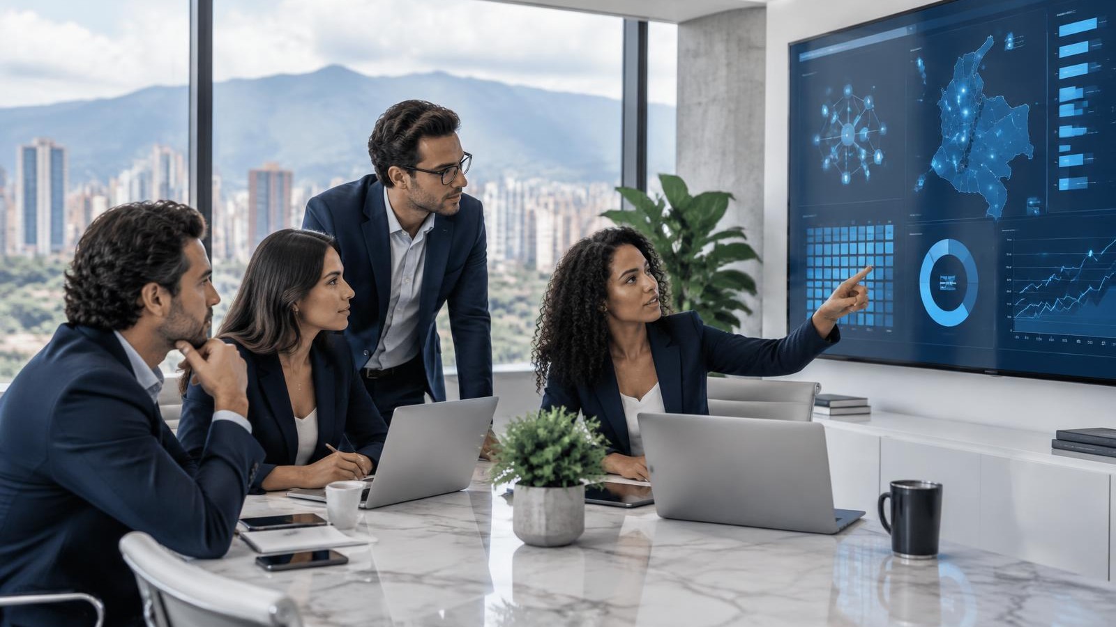 Equipo de estrategia analizando competidores con inteligencia artificial en Medellín