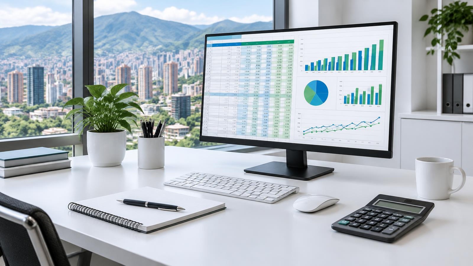 Escritorio con hoja de cálculo y gráficos de ventas analizados con inteligencia artificial