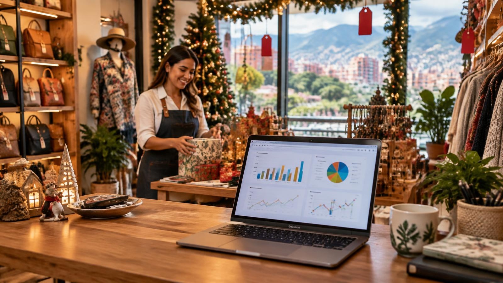 Vitrina de un comercio colombiano decorada para fin de año con etiquetas de descuento y un panel de ventas en el mostrador