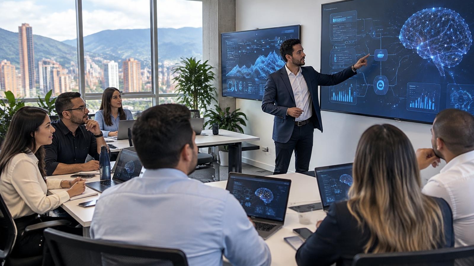 Equipo de una empresa de Medellín en una sesión de capacitación en inteligencia artificial aplicada al trabajo