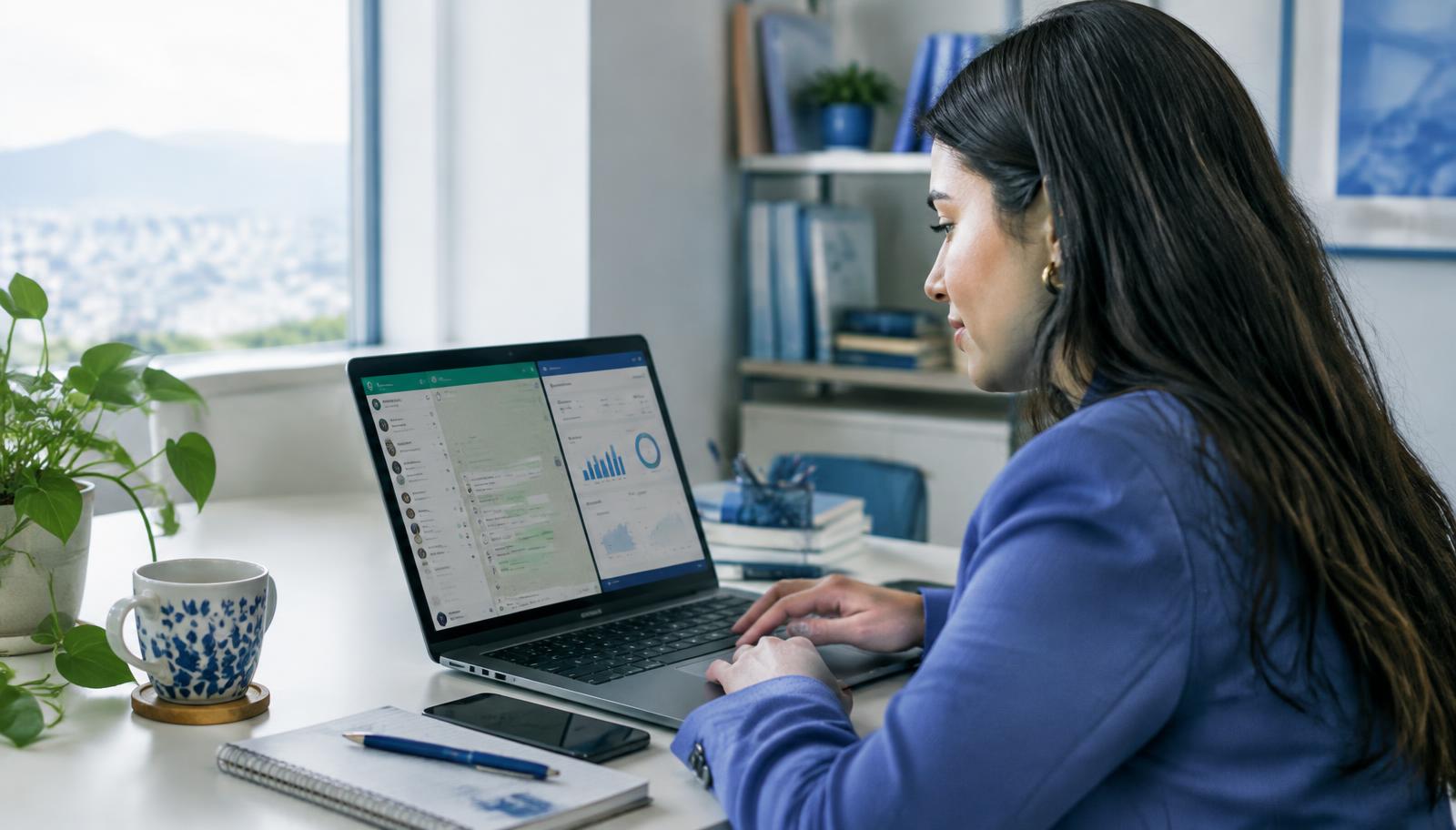 Emprendedor colombiano gestionando clientes conseguidos por internet desde un portátil