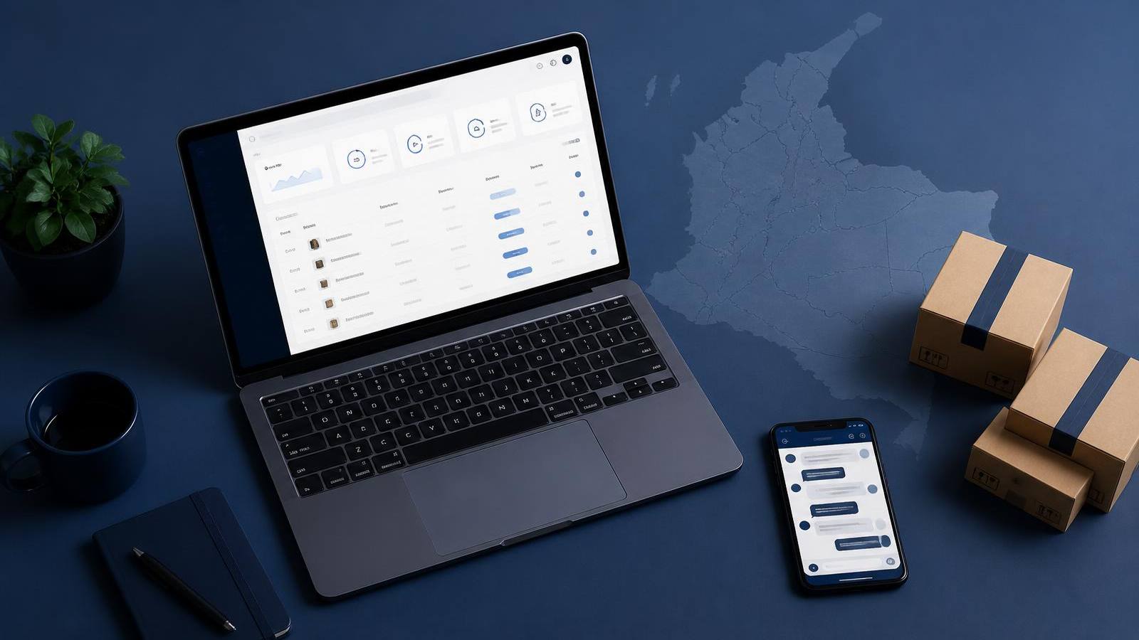 Escritorio con portátil mostrando un panel de pedidos, cajas de envío y un celular con WhatsApp para operar dropshipping en Colombia
