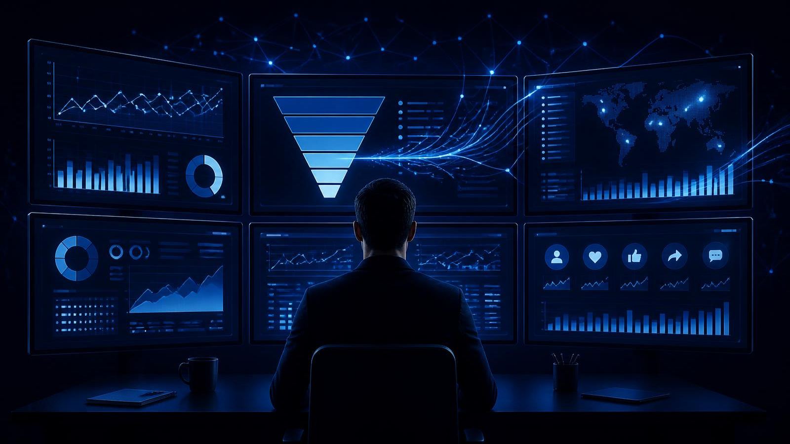 Profesional de marketing digital usando herramientas de inteligencia artificial para gestionar campañas y analítica