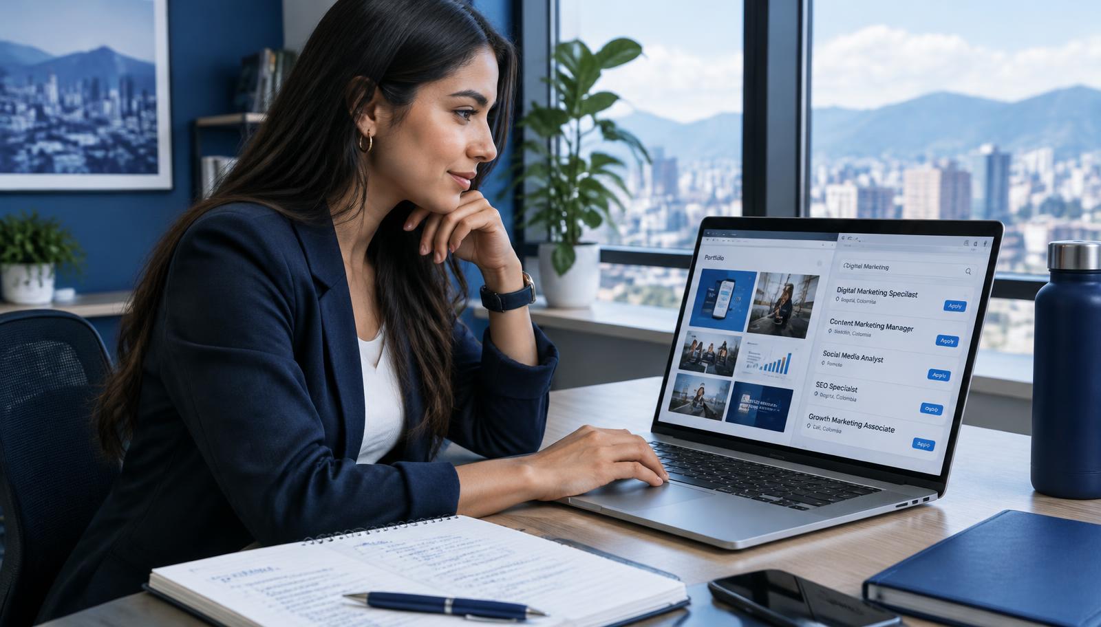 Profesional joven en Colombia preparando su portafolio para aplicar a vacantes de marketing digital