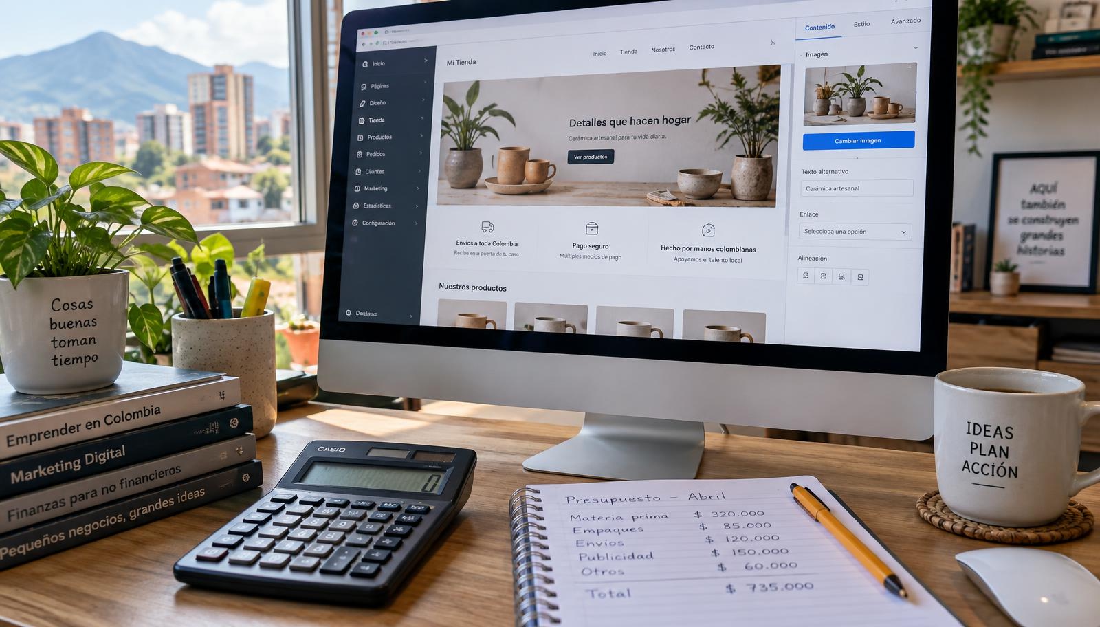 Escritorio con un portátil mostrando el diseño de una página web y una cotización en pesos colombianos