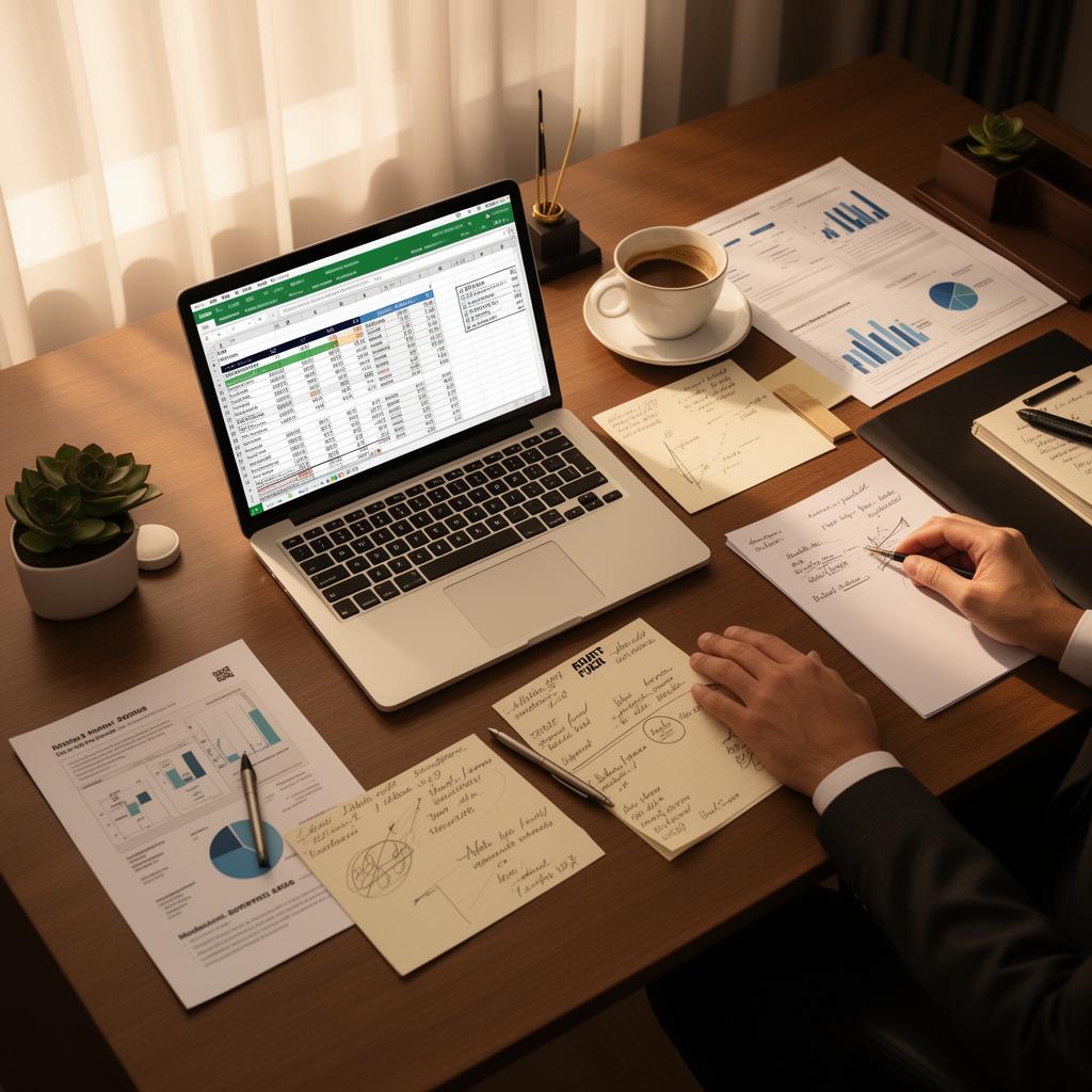 Escritorio con Excel, modelos financieros y notas estratégicas