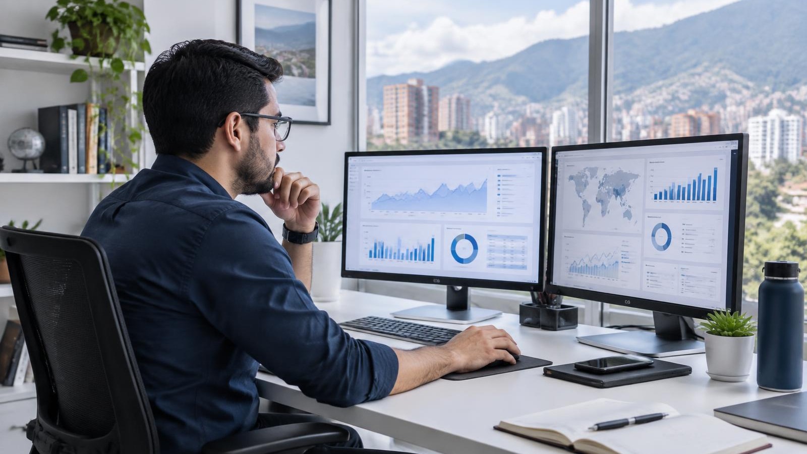 Profesional analizando tableros de datos y métricas digitales en una oficina moderna de Medellín