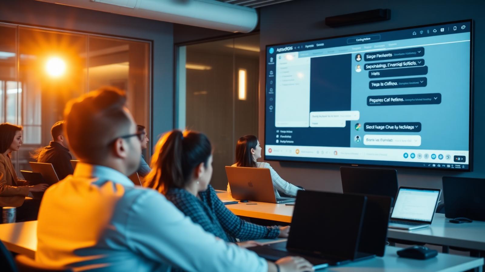 Curso de ChatGPT presencial en Medellín con profesionales trabajando en portátiles