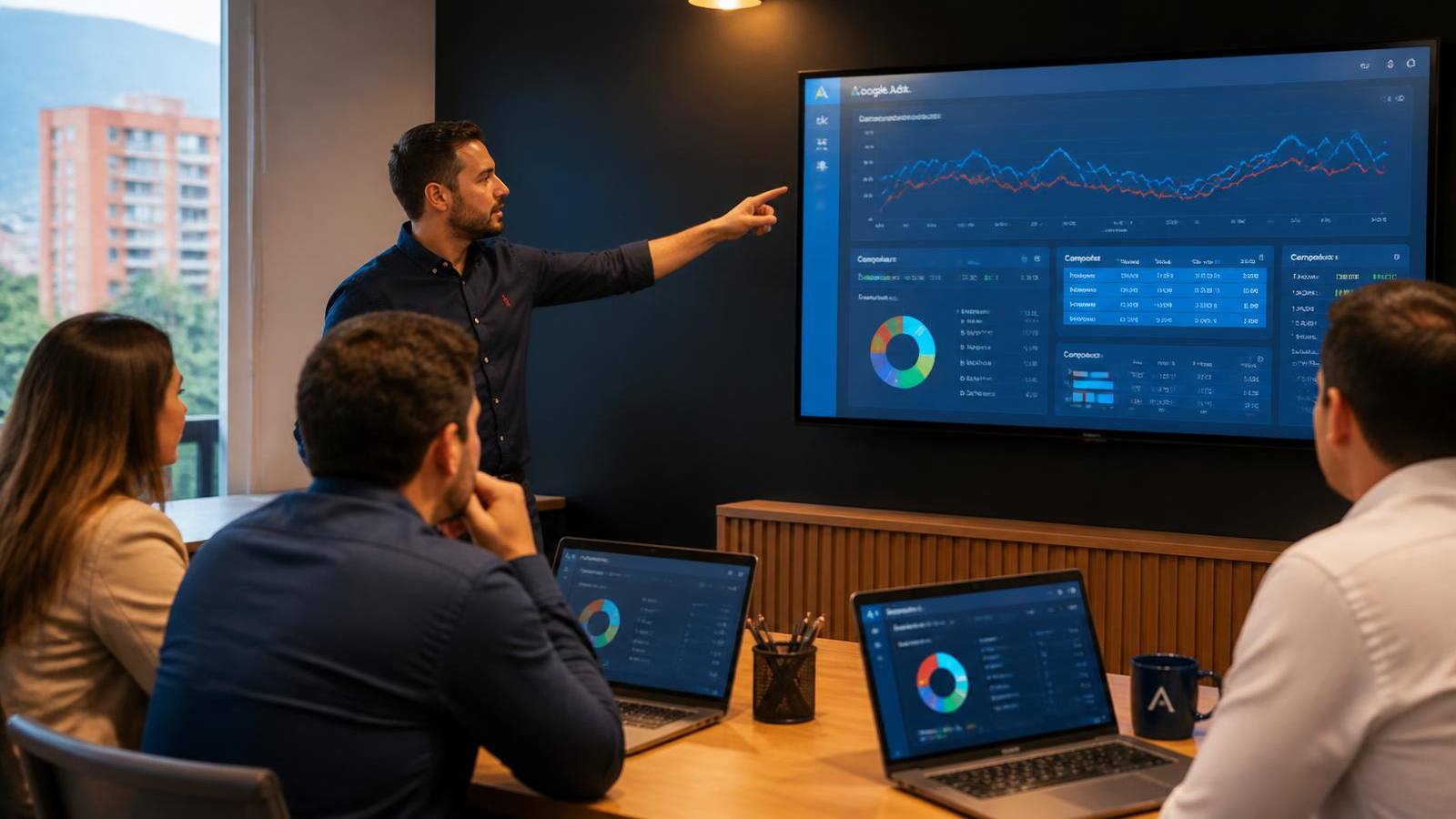 Profesionales analizando métricas de campañas de Google Ads en una formación en Medellín