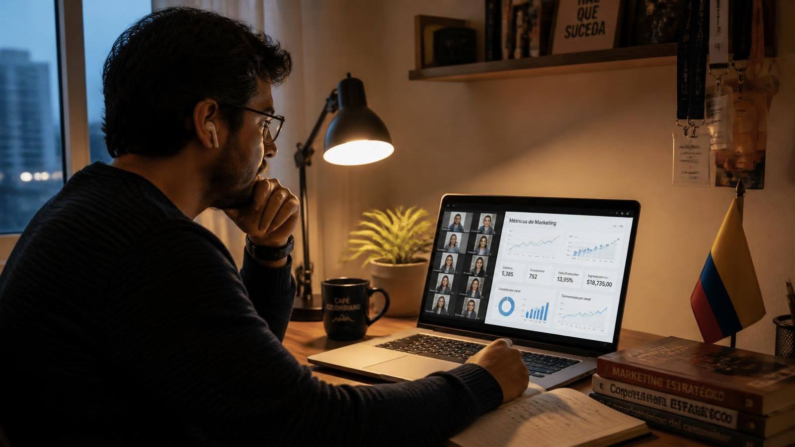 Estudiante conectado a una clase virtual en vivo de marketing digital con inteligencia artificial en Colombia