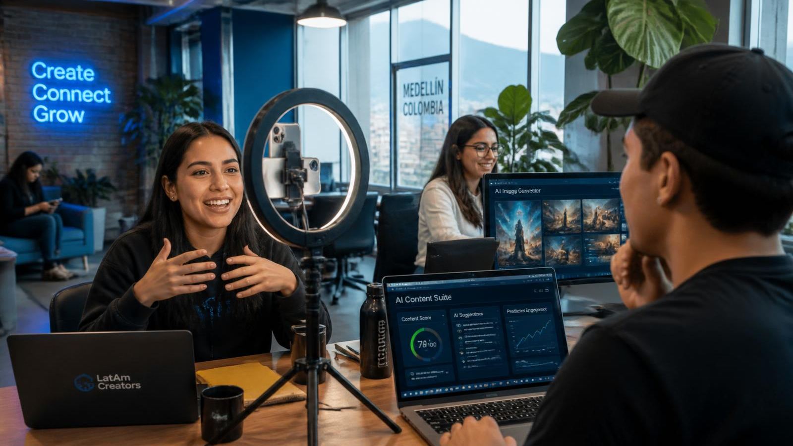 Estudiantes creando contenido para redes sociales con herramientas de inteligencia artificial en Medellín