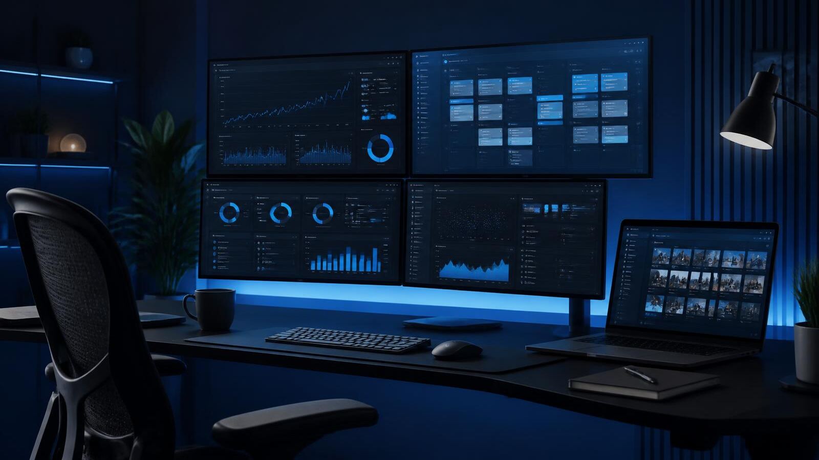 Escritorio de trabajo con herramientas de inteligencia artificial para marketing digital en pantalla