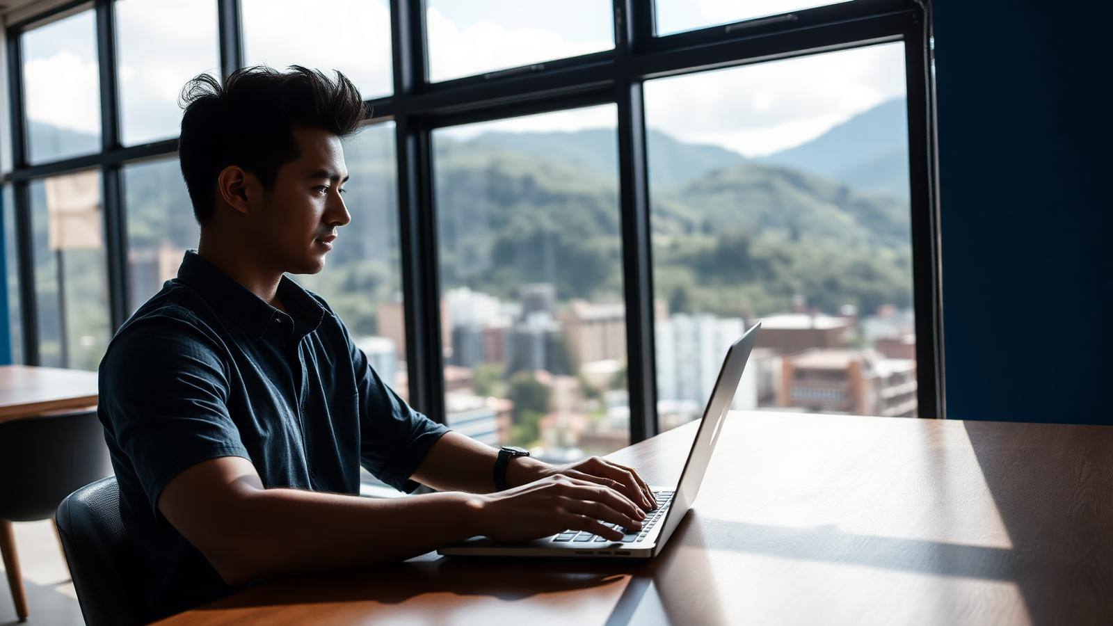Emprendedor colombiano trabajando con su laptop en un coworking de Medellín