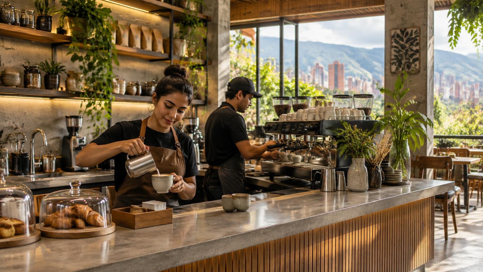 Barra de una cafetería de especialidad en Medellín con baristas preparando café