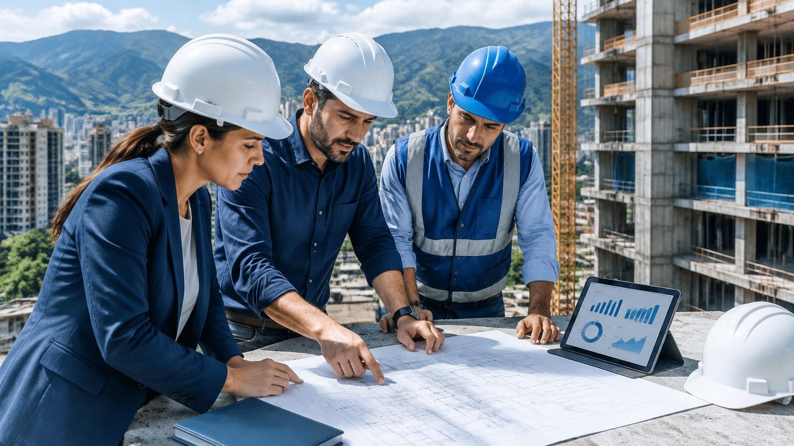 Proyecto de vivienda en construcción en Medellín con planos y tablet mostrando datos de marketing digital con IA