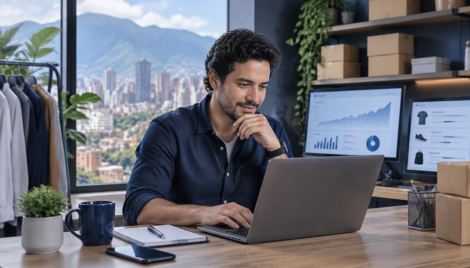 Emprendedor colombiano gestionando una tienda online con paneles de datos en Medellín