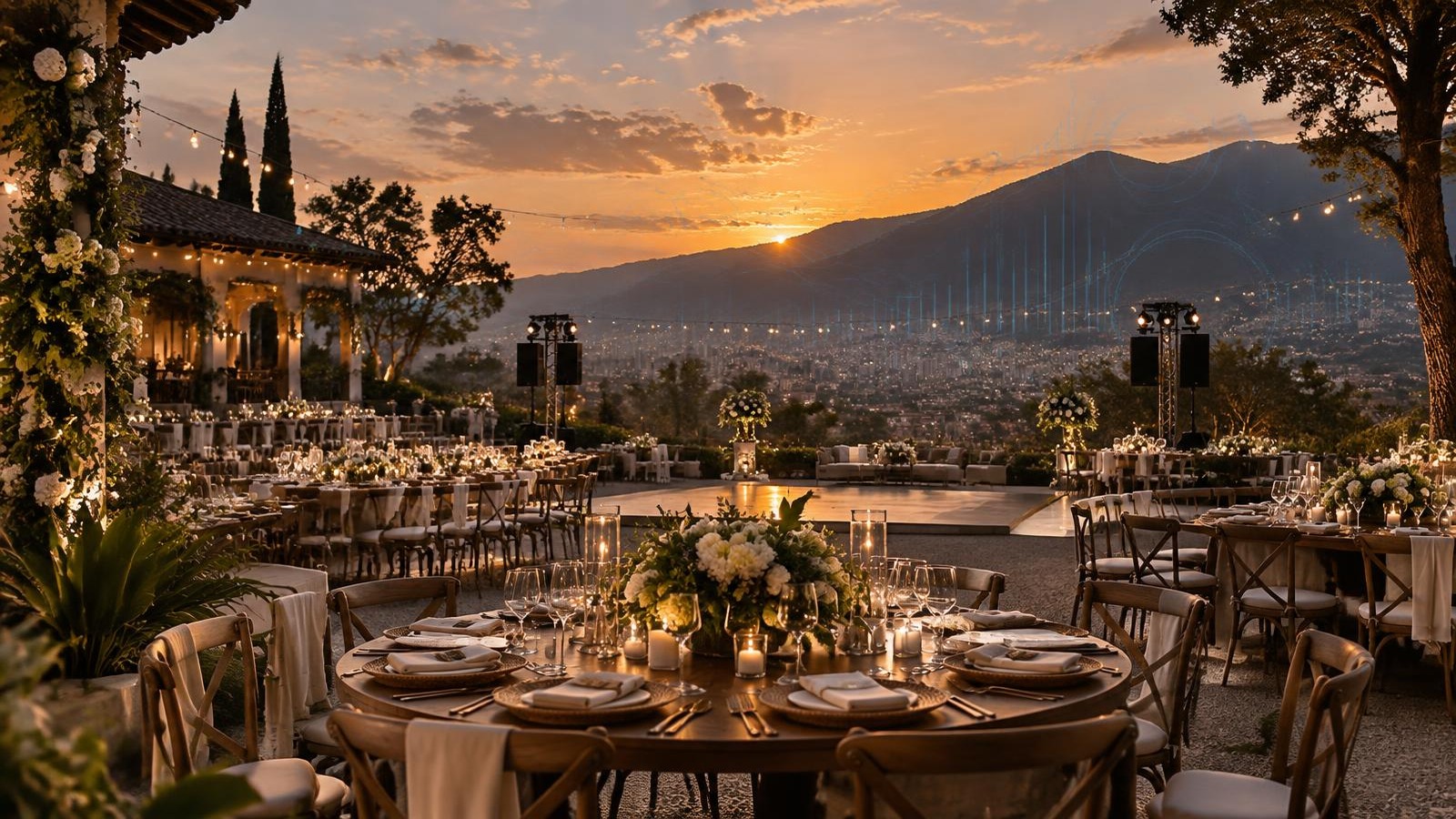 Montaje de boda al atardecer en una finca del Valle de Aburrá con las montañas de Medellín al fondo