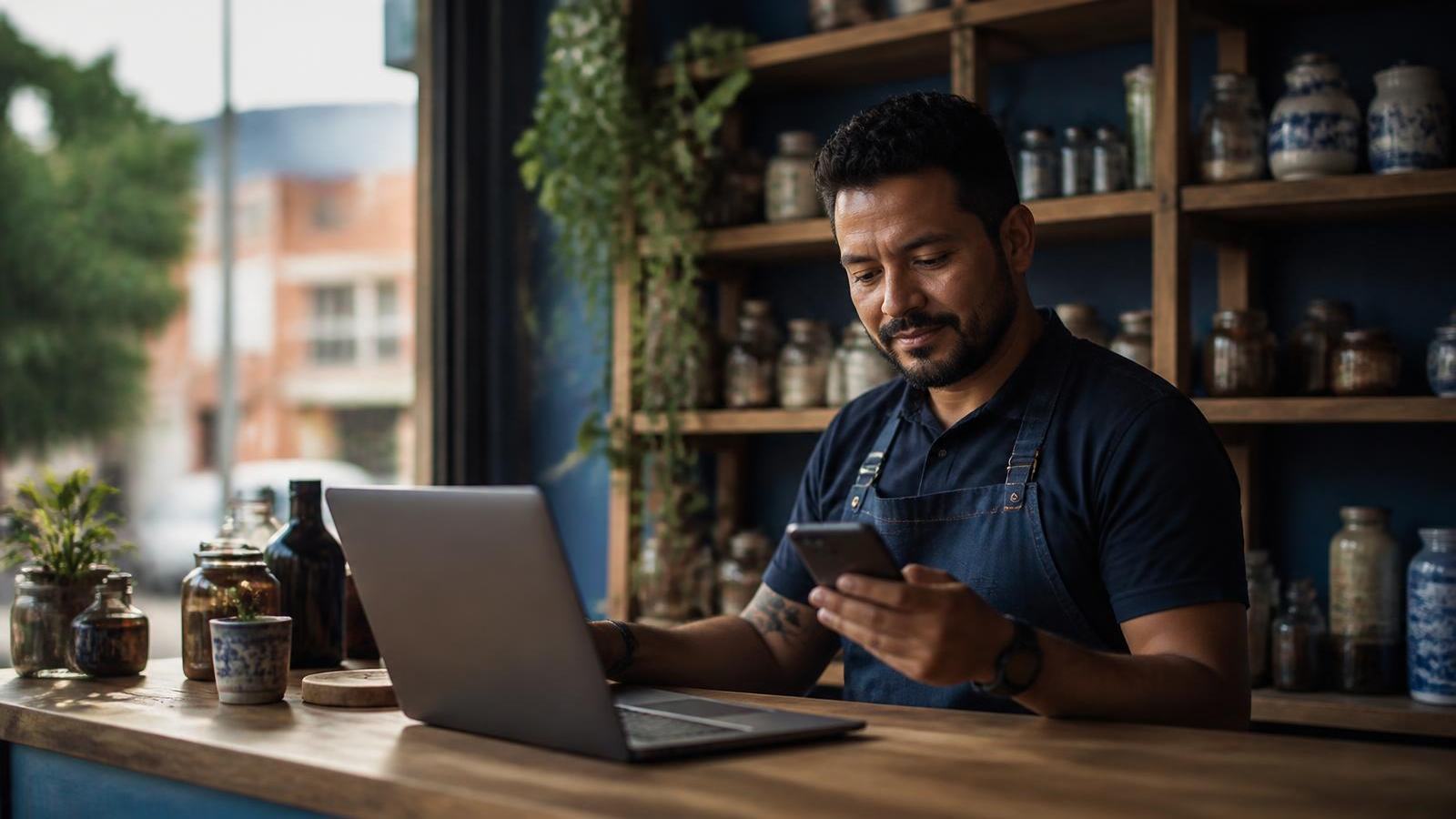 Dueño de una pyme en Medellín gestionando el marketing digital de su negocio con herramientas de inteligencia artificial