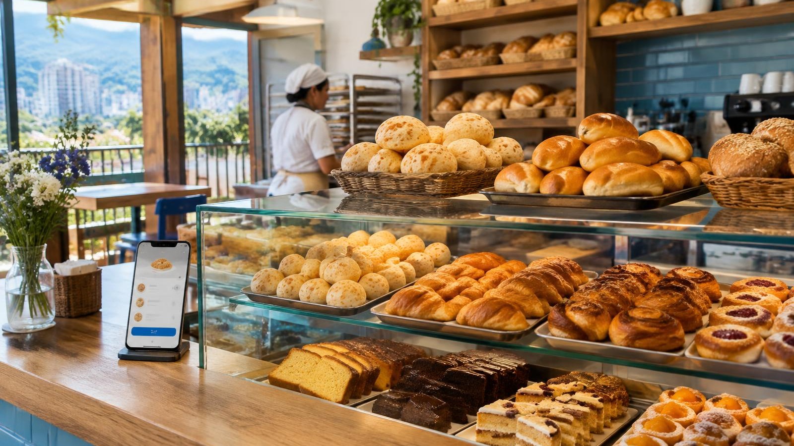 Interior de una panadería en Medellín con vitrina de pan y repostería y un celular con pedidos en el mostrador
