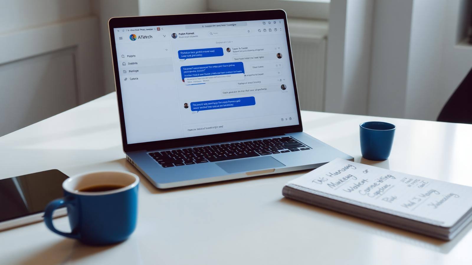 Escritorio de trabajo con una conversación de inteligencia artificial en pantalla y notas de campaña de marketing
