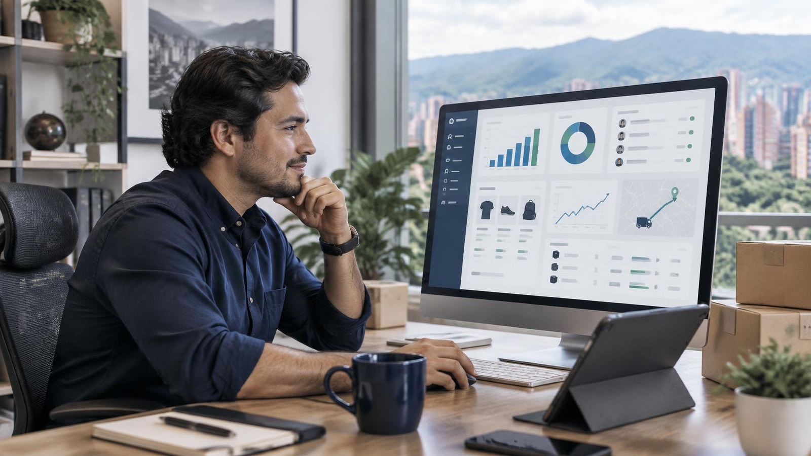 Emprendedor colombiano revisando un sistema de software a la medida para su negocio
