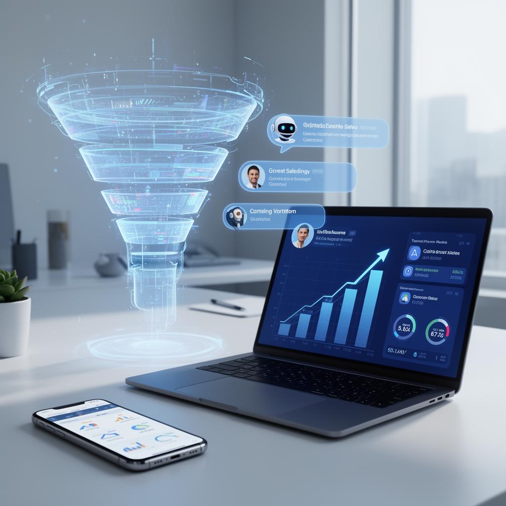 Embudo de ventas digital con automatización IA, chatbot y métricas de conversión en tiempo real